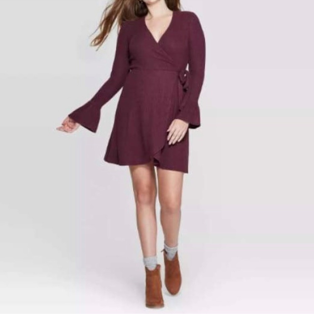 Burgundy Long Sleeve Wrap Mini Dress